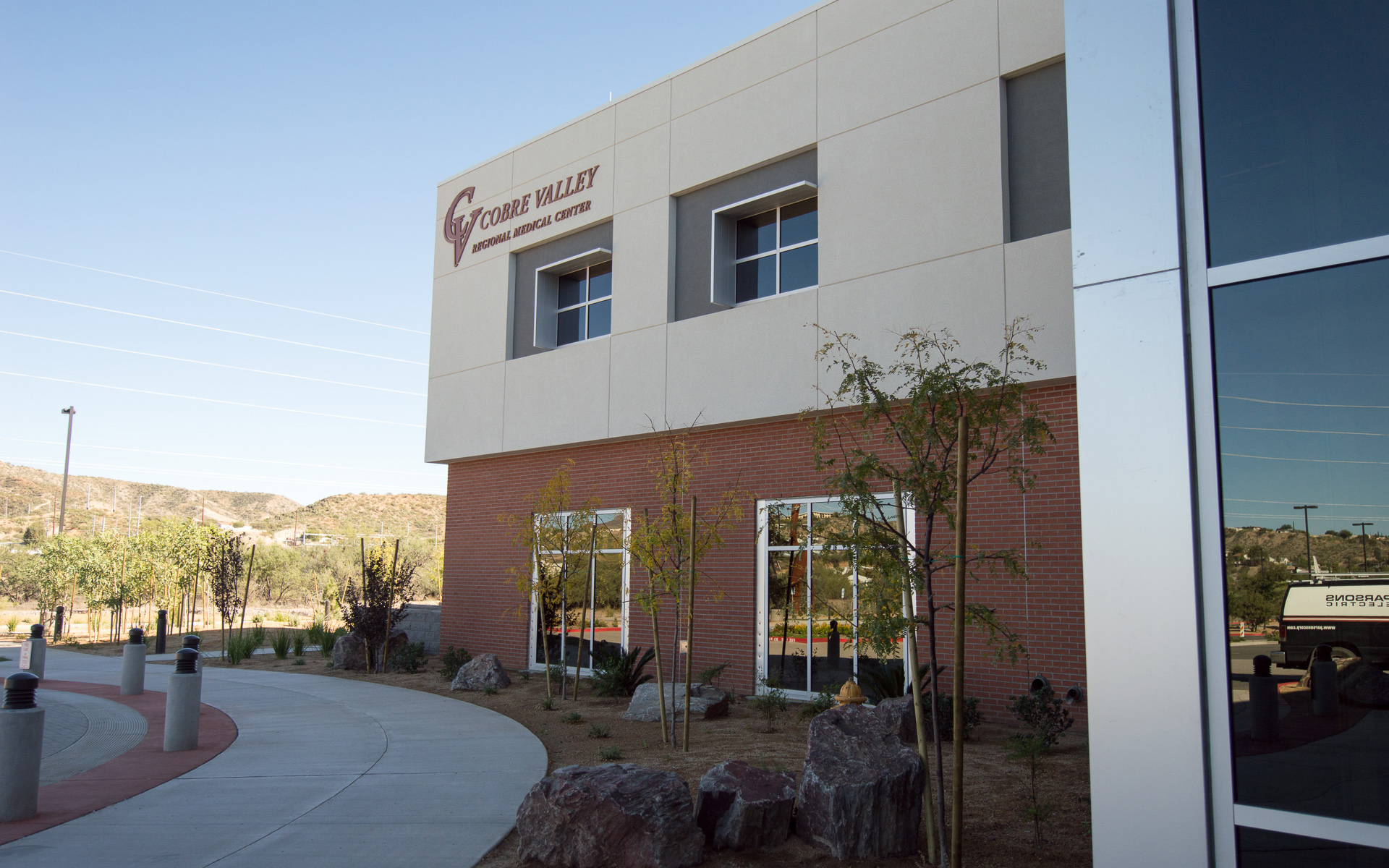 Wide exterior view of fabricated Cobre Valley Regional Medical Center dimensional logo and lettering