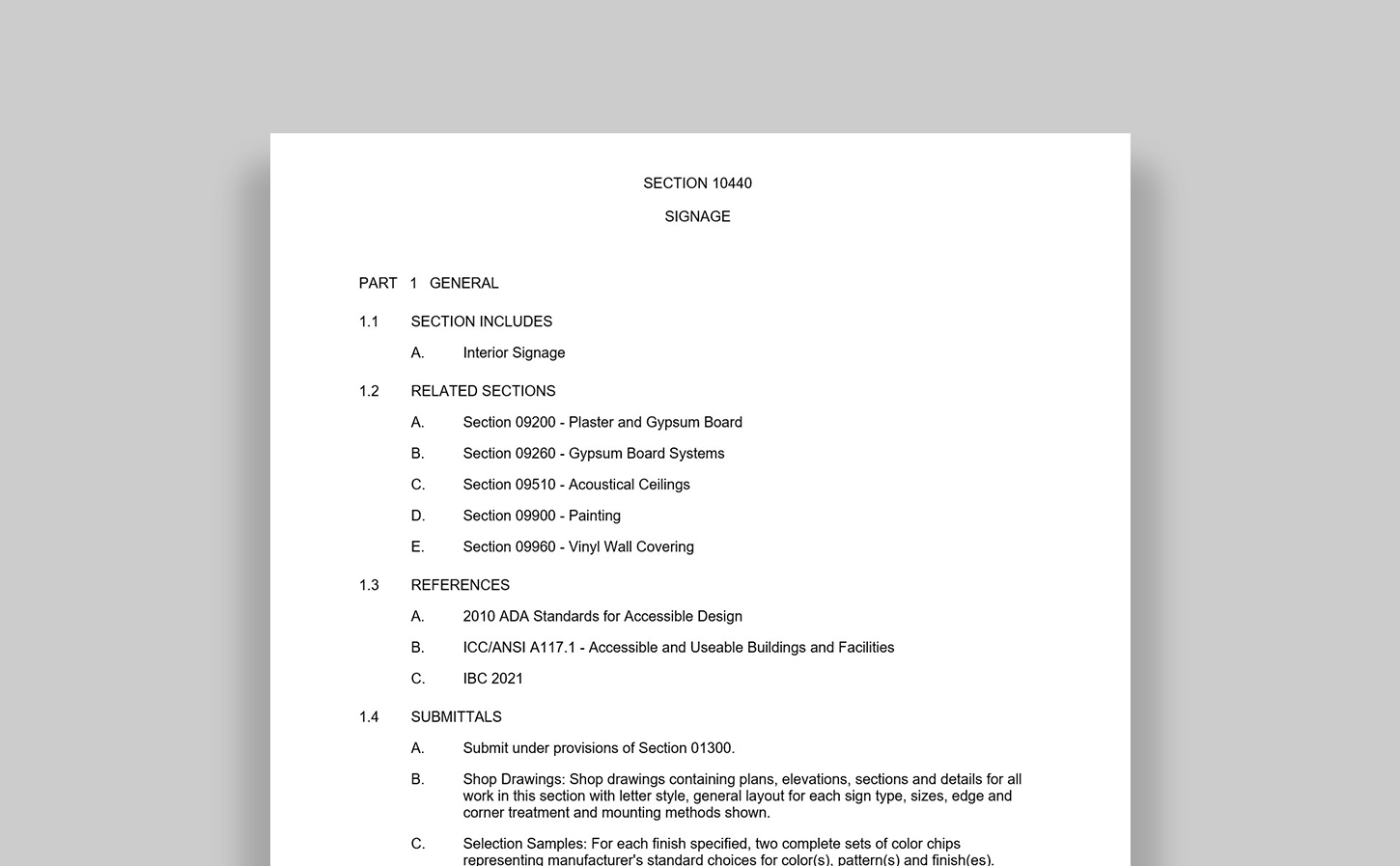 Written CSI Sign Specifications on a gray background