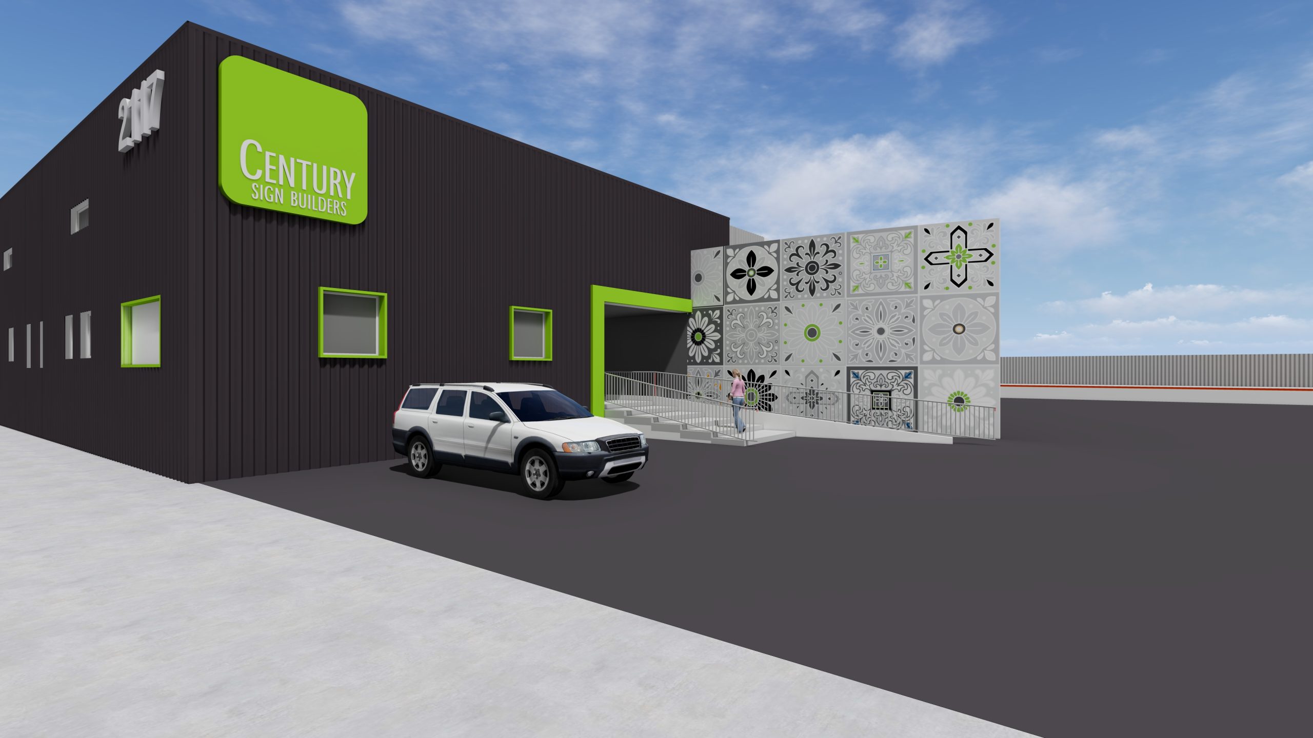 3D Mockup rendering of Century Sign Builders remodeled building that has dark gray metal siding and large green building logo