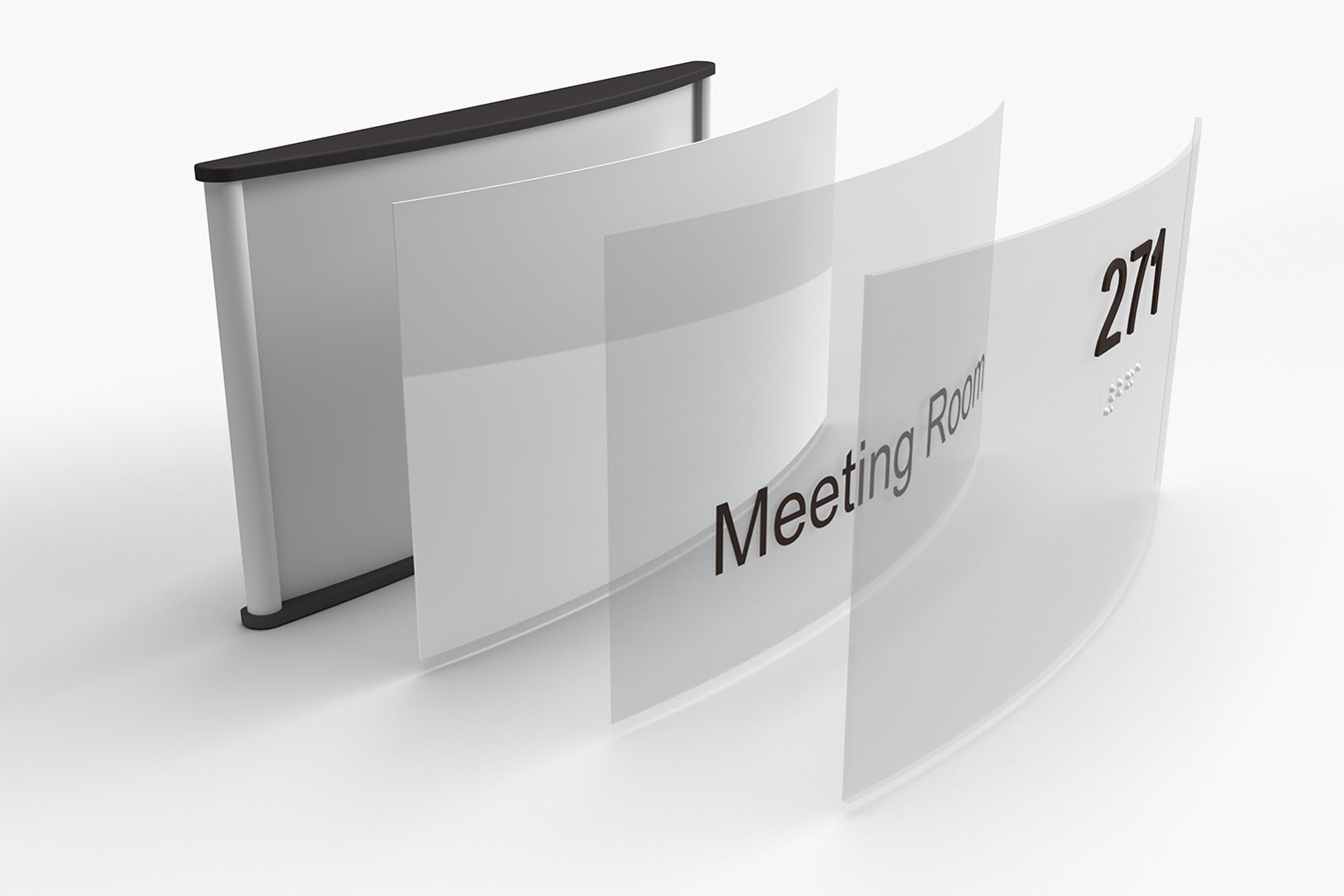 ADA Meeting Room Sign with Curved Frame, Exploded View sitting on a gray surface