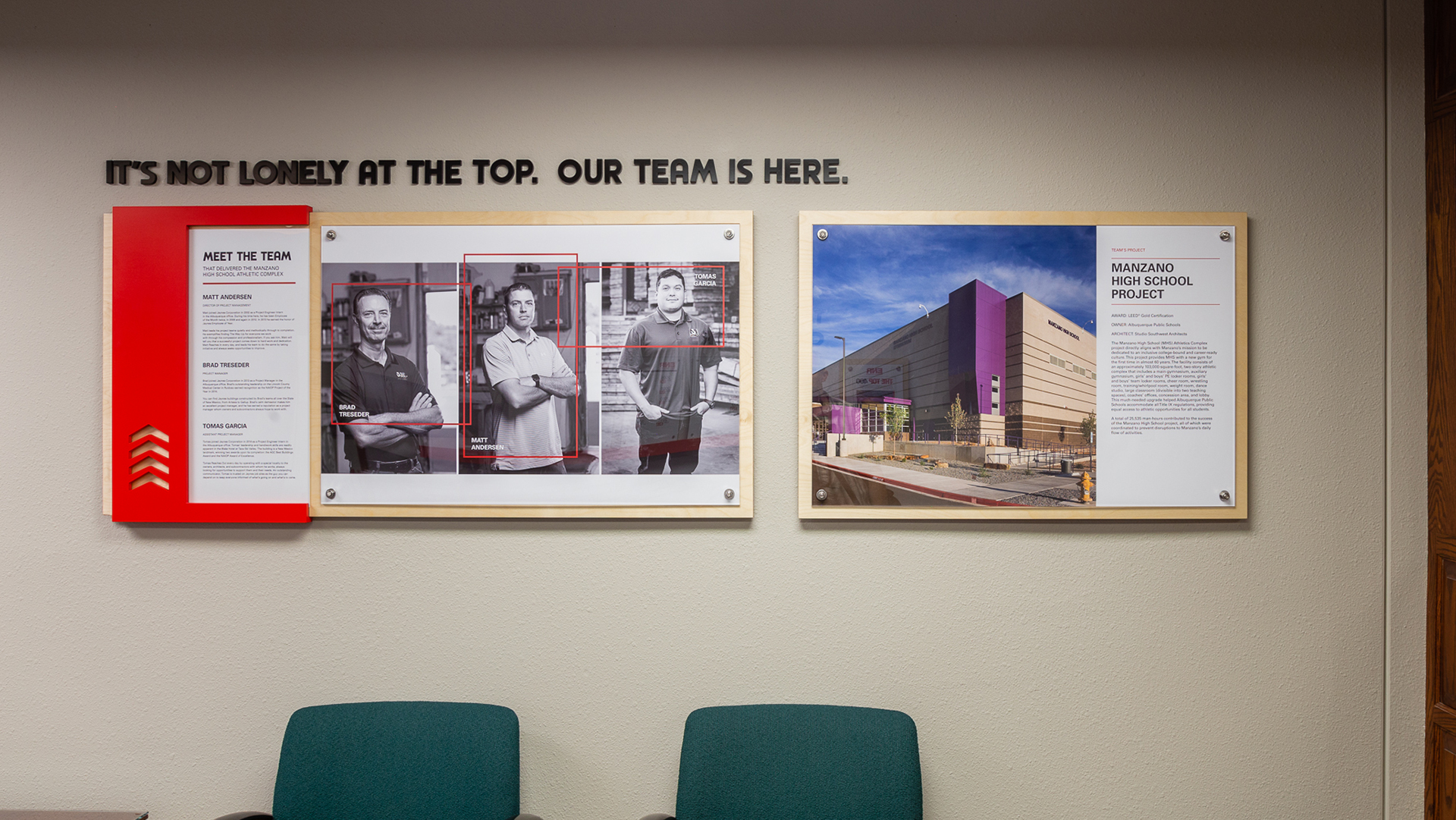 Front view of corporate branding display wall with project team graphics and stand-off mounted panels