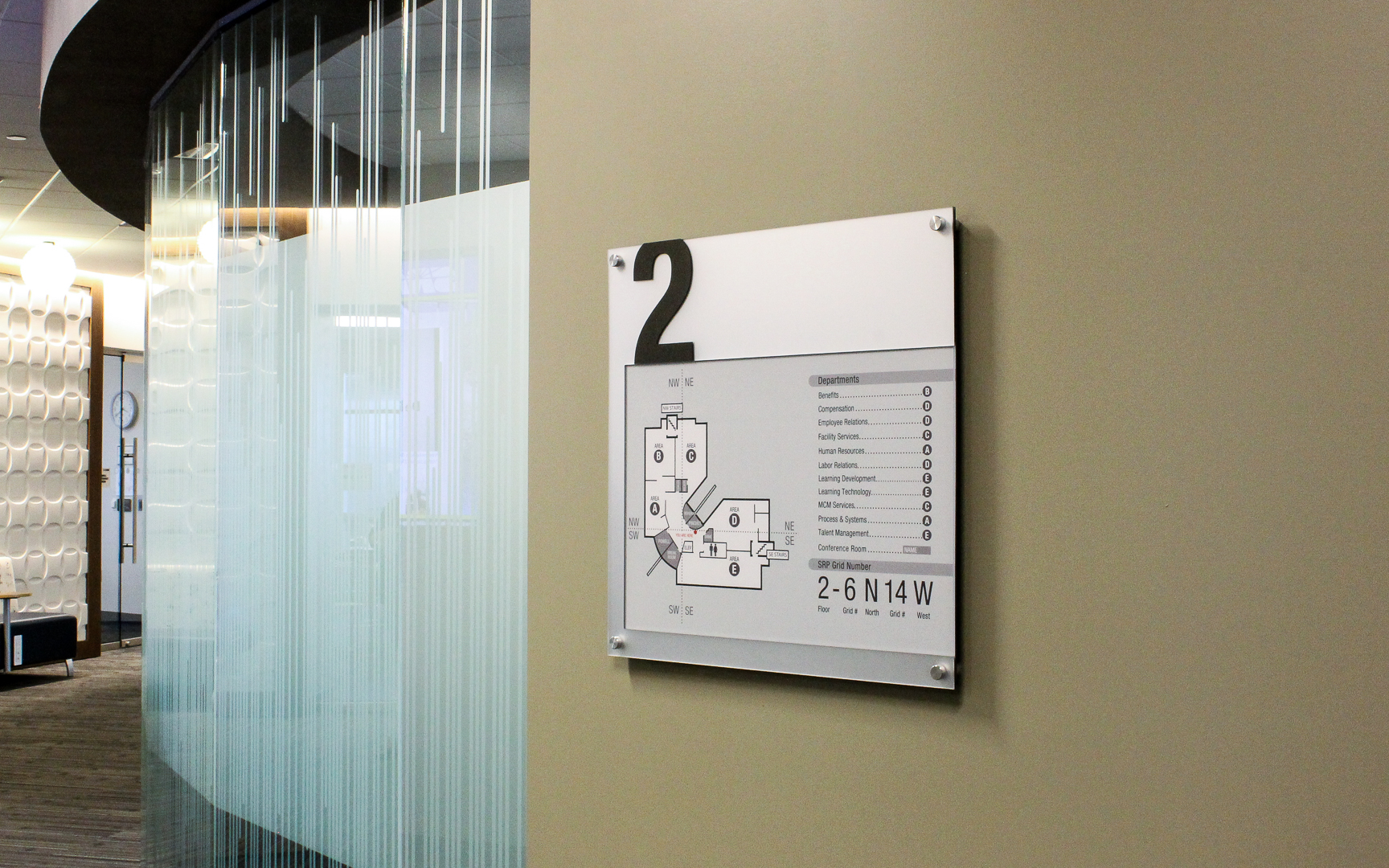Corporate interior floor directory with building orientation map and you are here indicator using updatable inserts