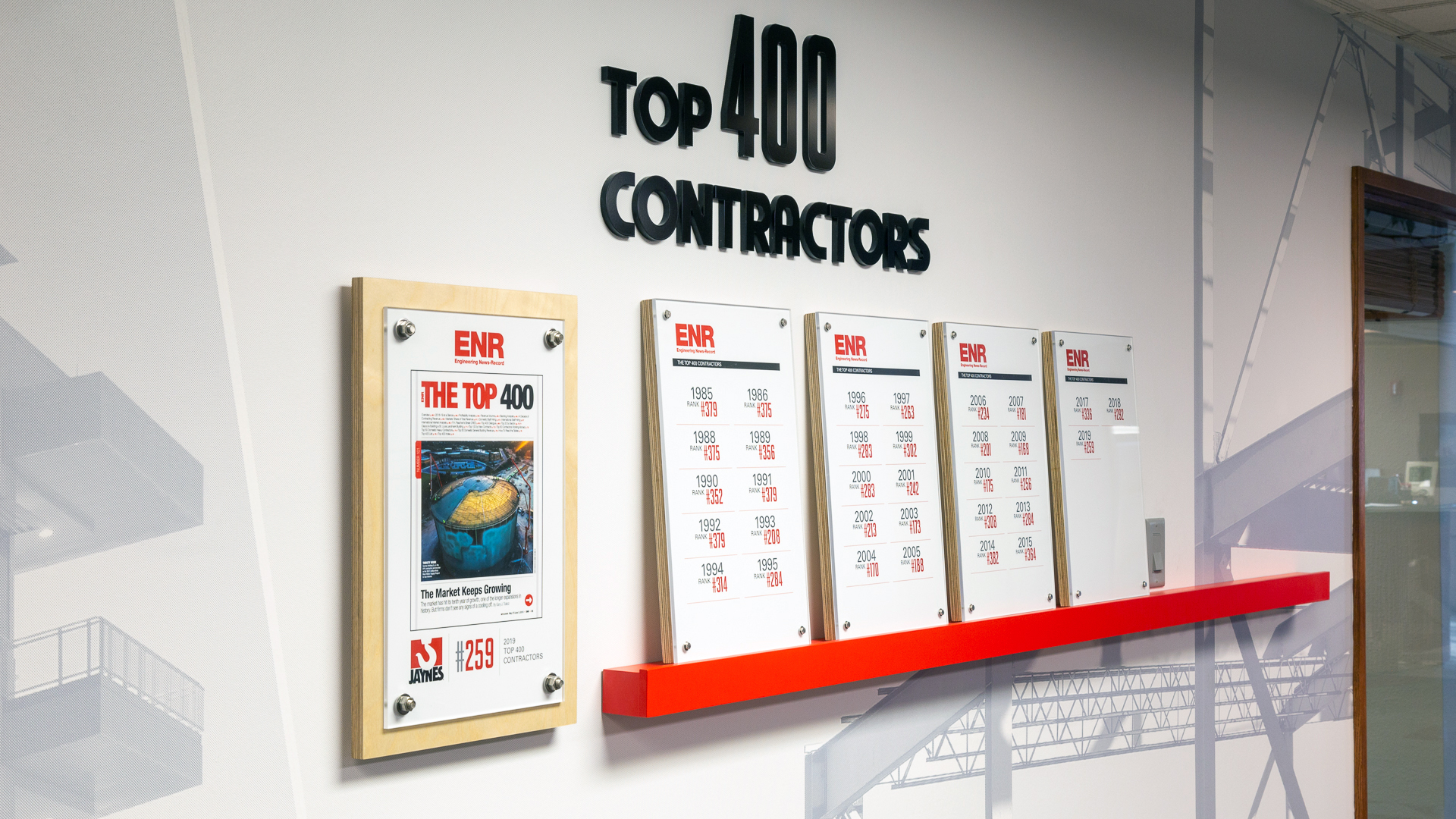 Corporate recognition wall displaying Top 400 Contractors panels with stainless steel botls as stand-off mounted graphics and dimensional lettering