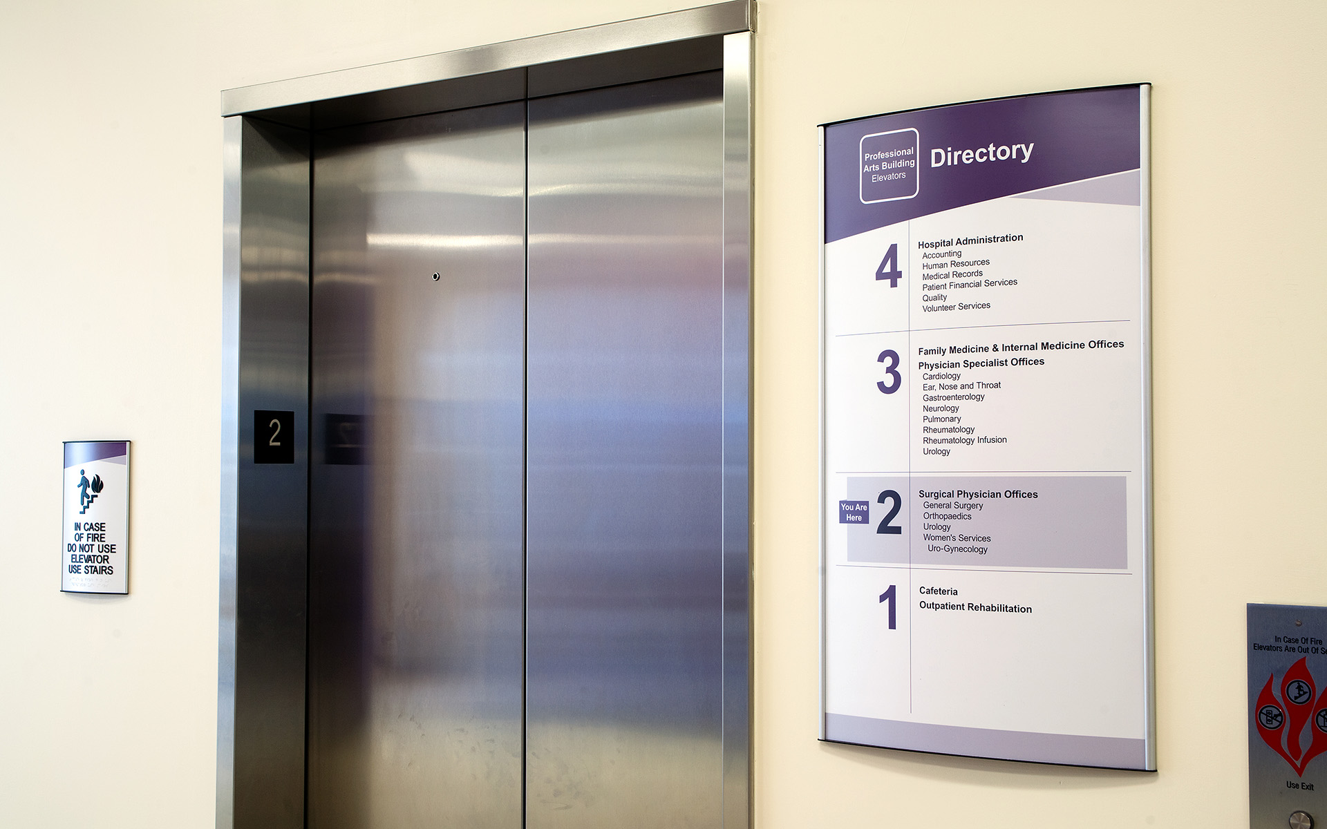 Elevator lobby directory sign displaying floor-by-floor destinations and departments