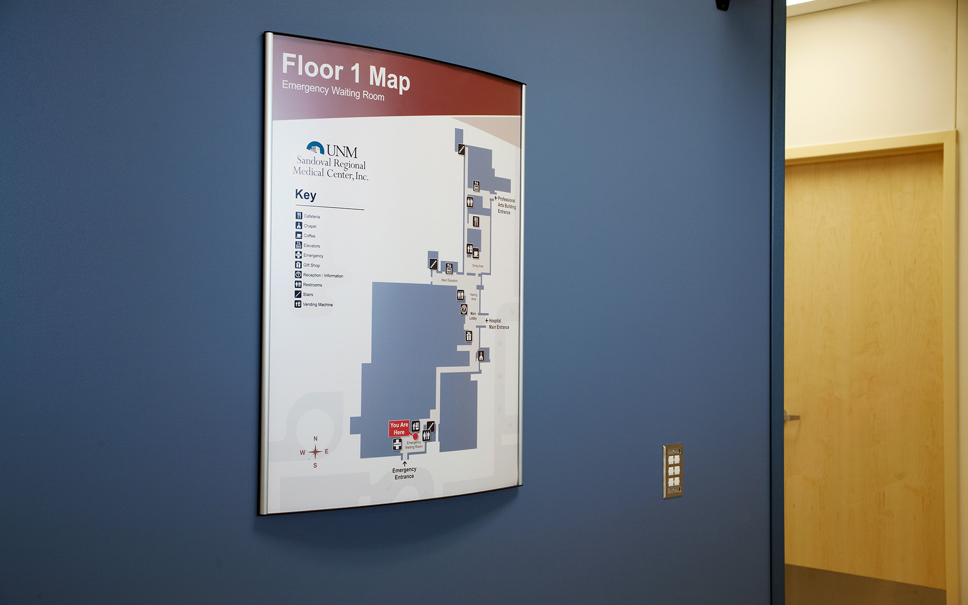 Floor 1 you are here wayfinding map in emergency waiting room at UNM Sandoval Regional Medical Center