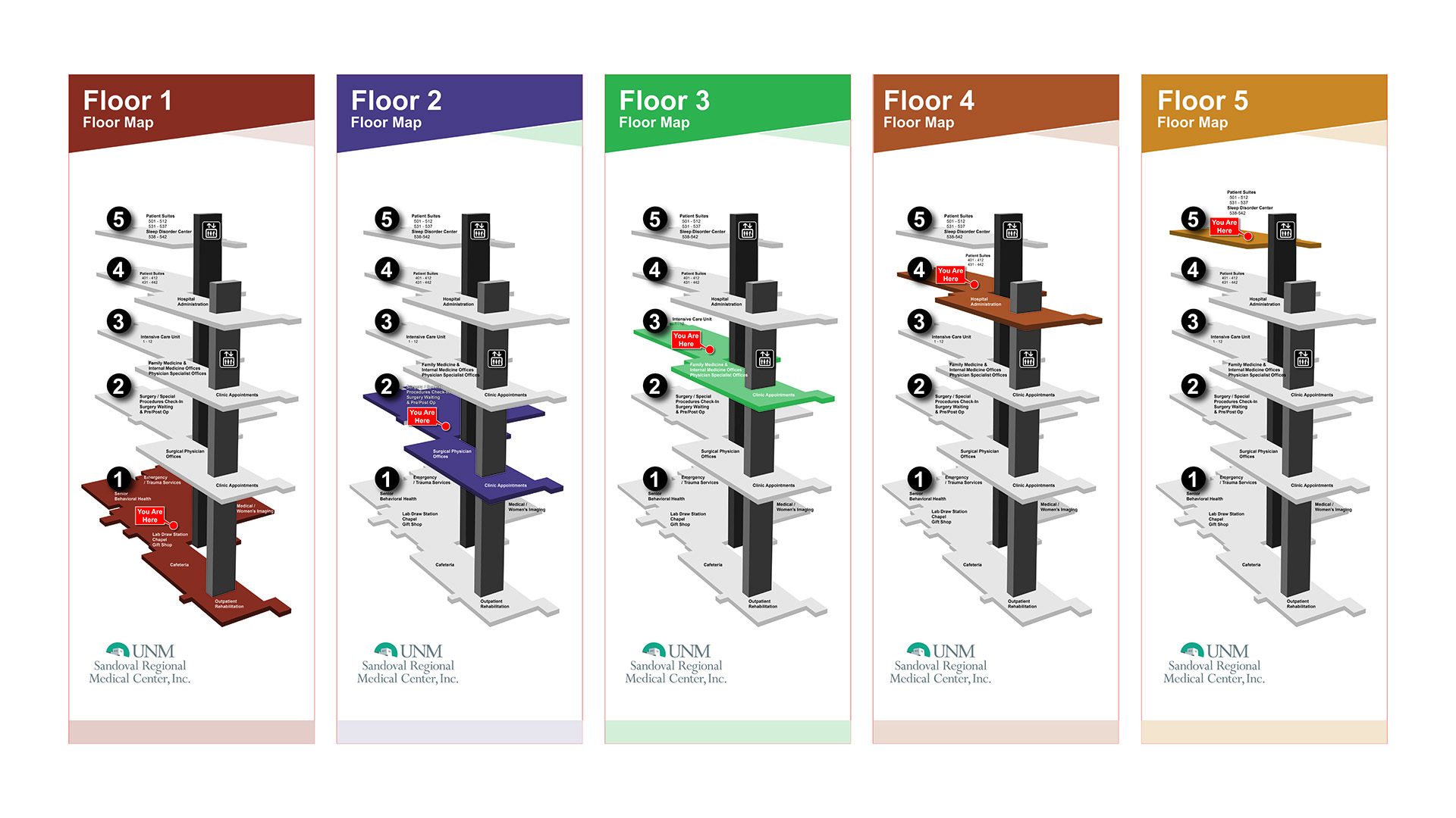 Multi floor you are here maps showing navigation across five levels at UNM Sandoval Regional Medical Center