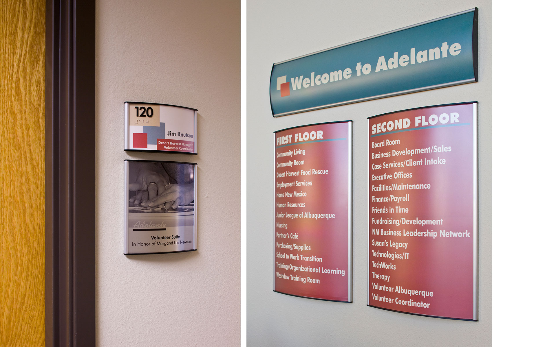 Interior wayfinding including building directory and ADA room identification signage