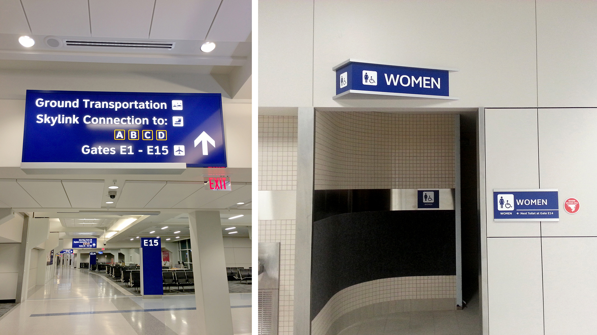 Overhead airport signage showing gates and women’s restroom directional information