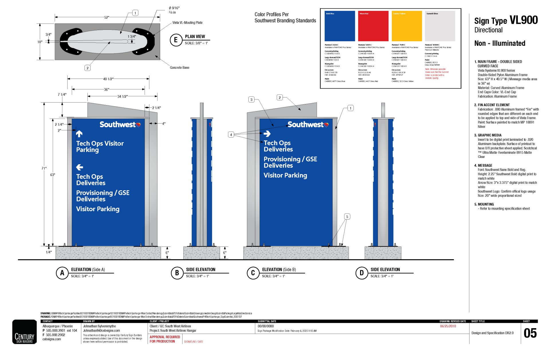 Curved frame directional sign technical drawing for Southwest Airlines wayfinding system