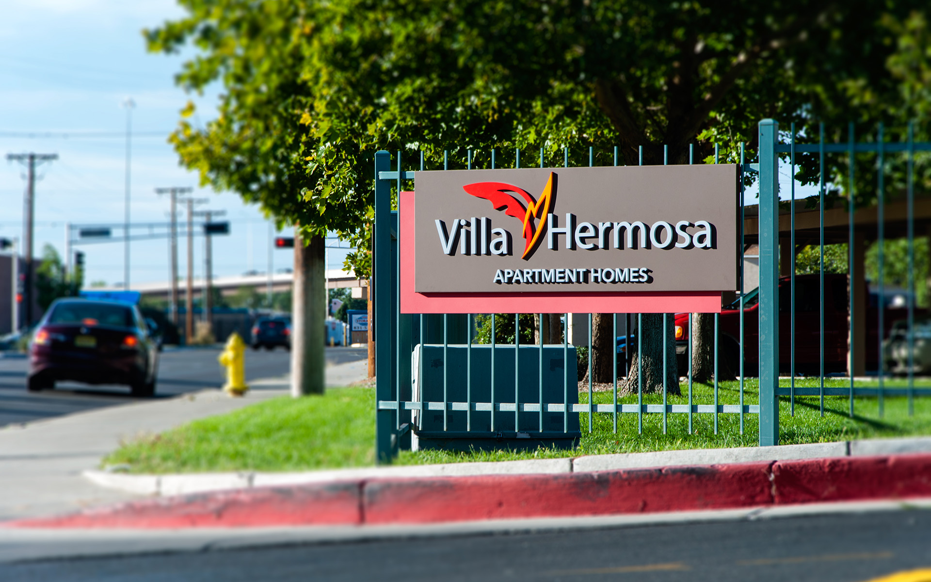 Side profile of monument sign showing panel thickness and layered construction