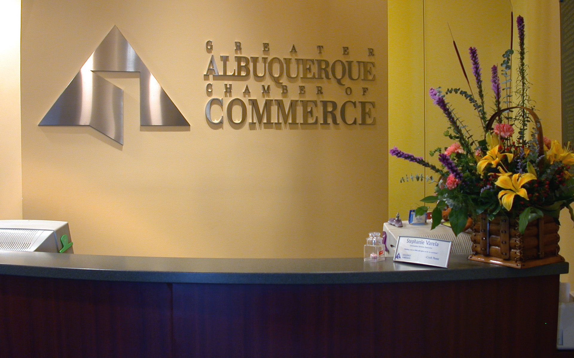 Brushed stainless steel fabricated channel letter logo behind the reception desk.
