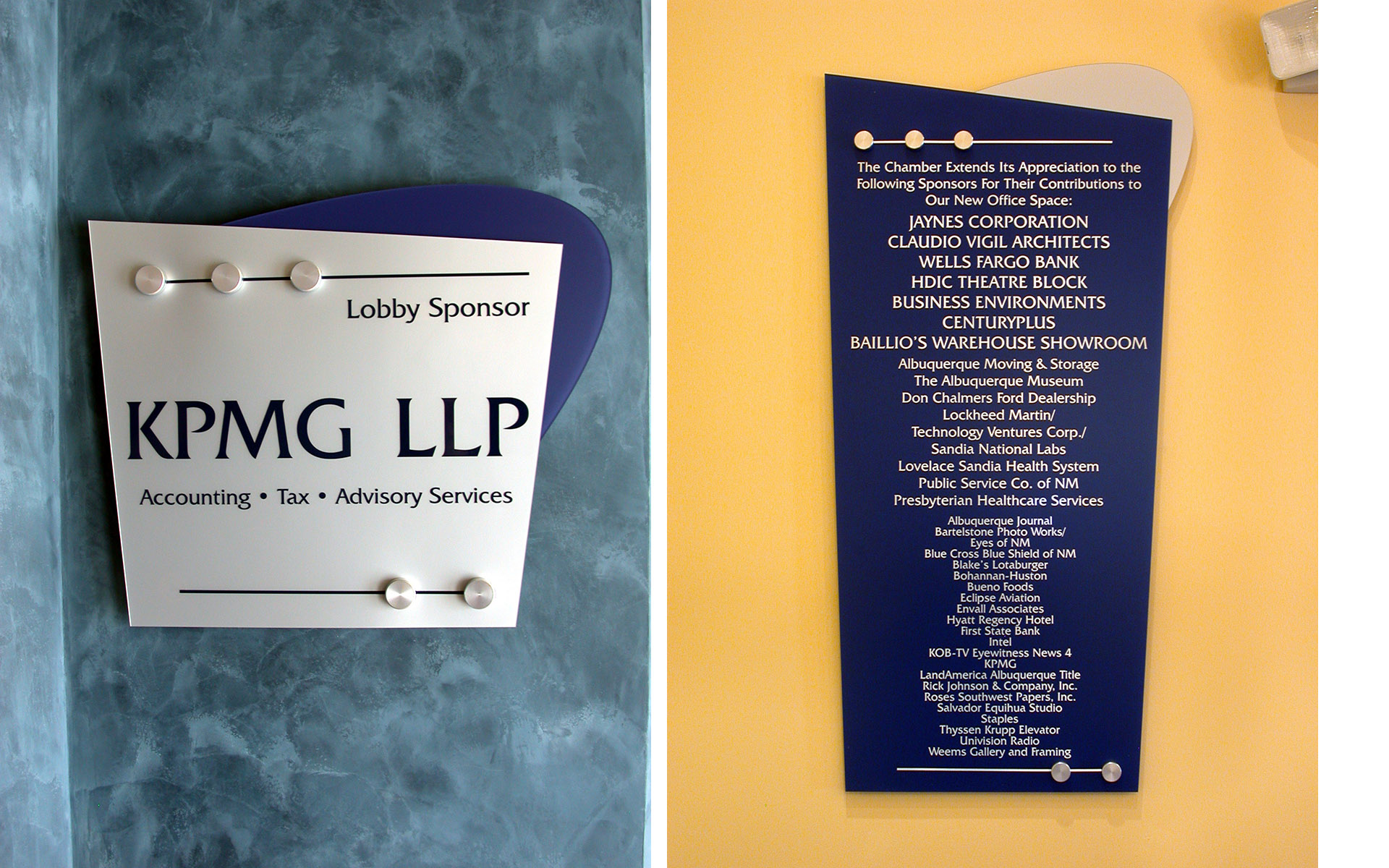 Custom room donor recognition sponsor sign for KPMG LLP with layered panels and stand-off details.