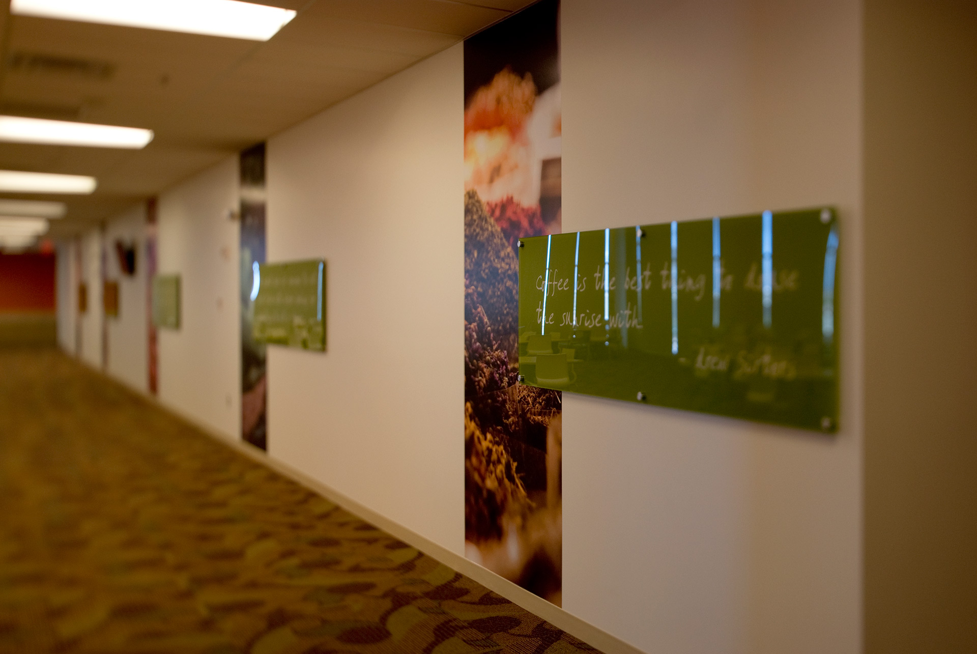Acrylic wall mounted panels with second surface vinyl and standoff mounting
