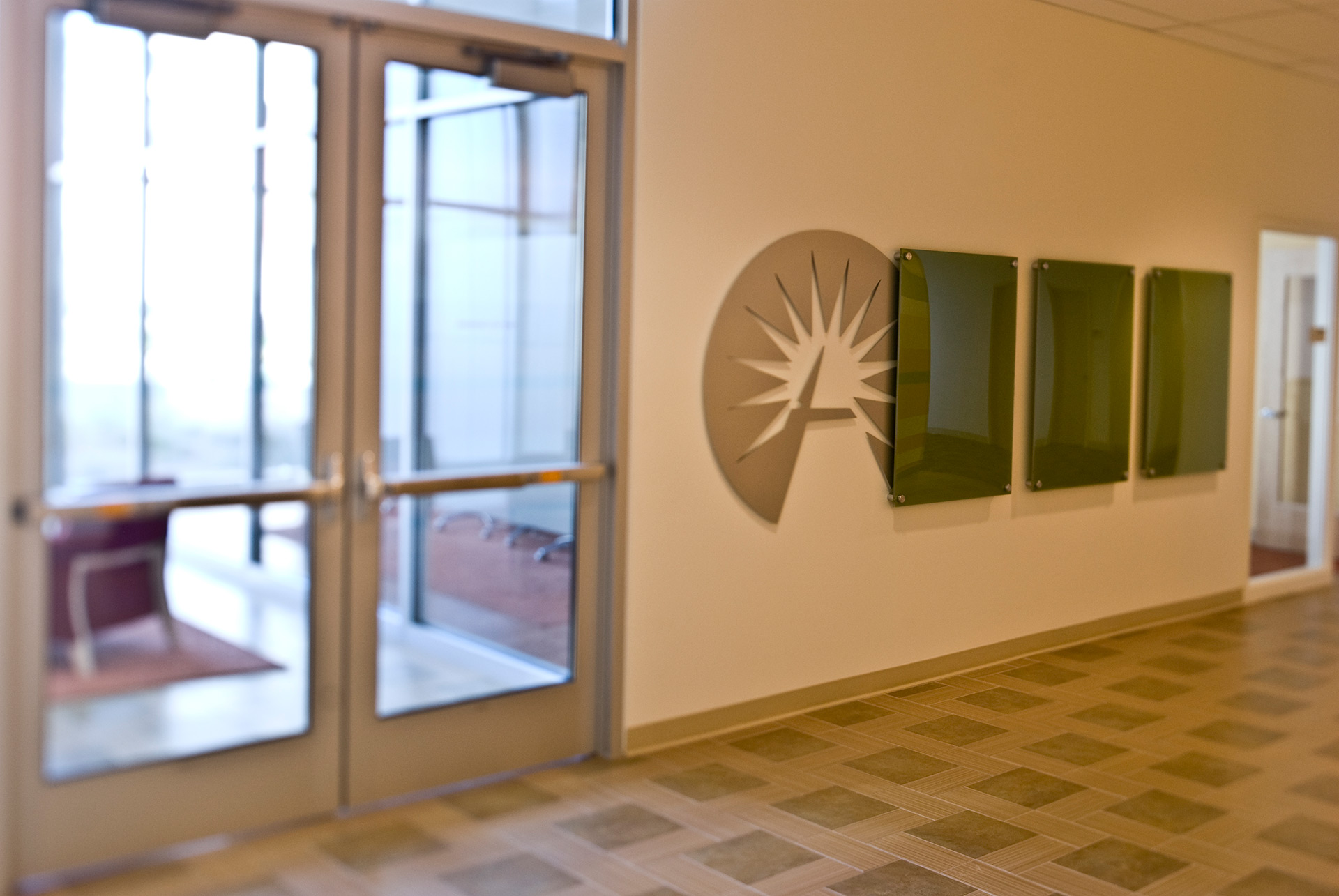 Corporate branding wall with integrated graphics and signage display