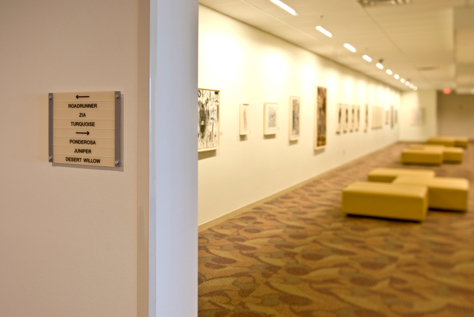 Directional wayfinding signage mounted on wall in office corridor