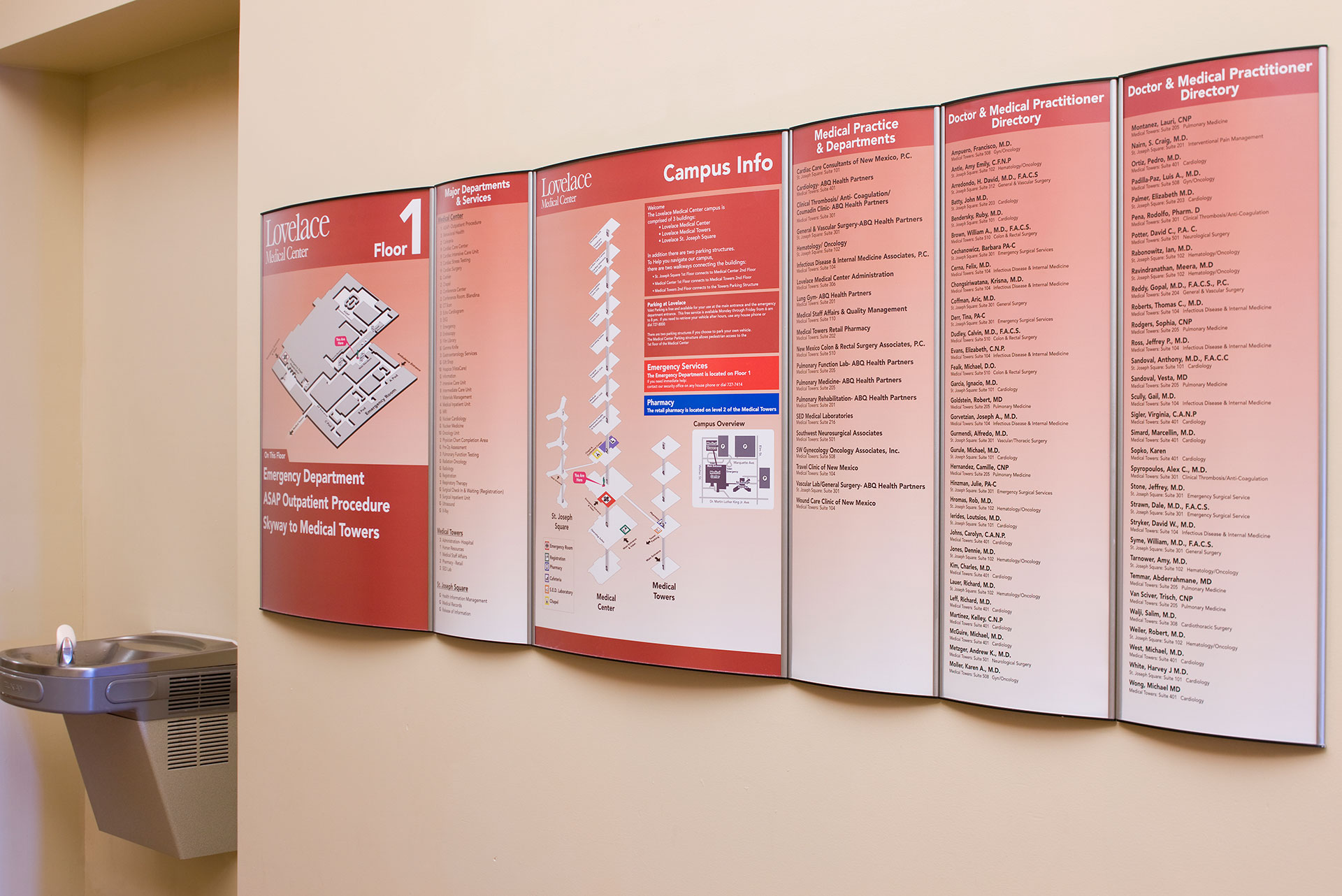 Lovelace Medical Center wayfinding directory with bones-style vertical navigation map and “You Are Here” indicator