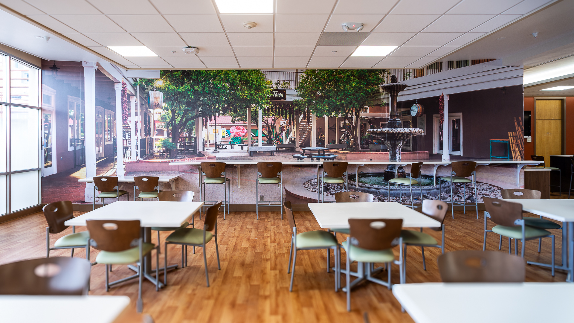 Presbyterian Hospital Cafeteria Supergraphic Wall Mural Large-format cafeteria supergraphic wall mural with Old Town Albuquerque imagery at Presbyterian Hospital