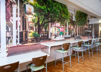 Old Town Albuquerque wall mural and custom wallpaper installed in a Presbyterian Hospital cafeteria