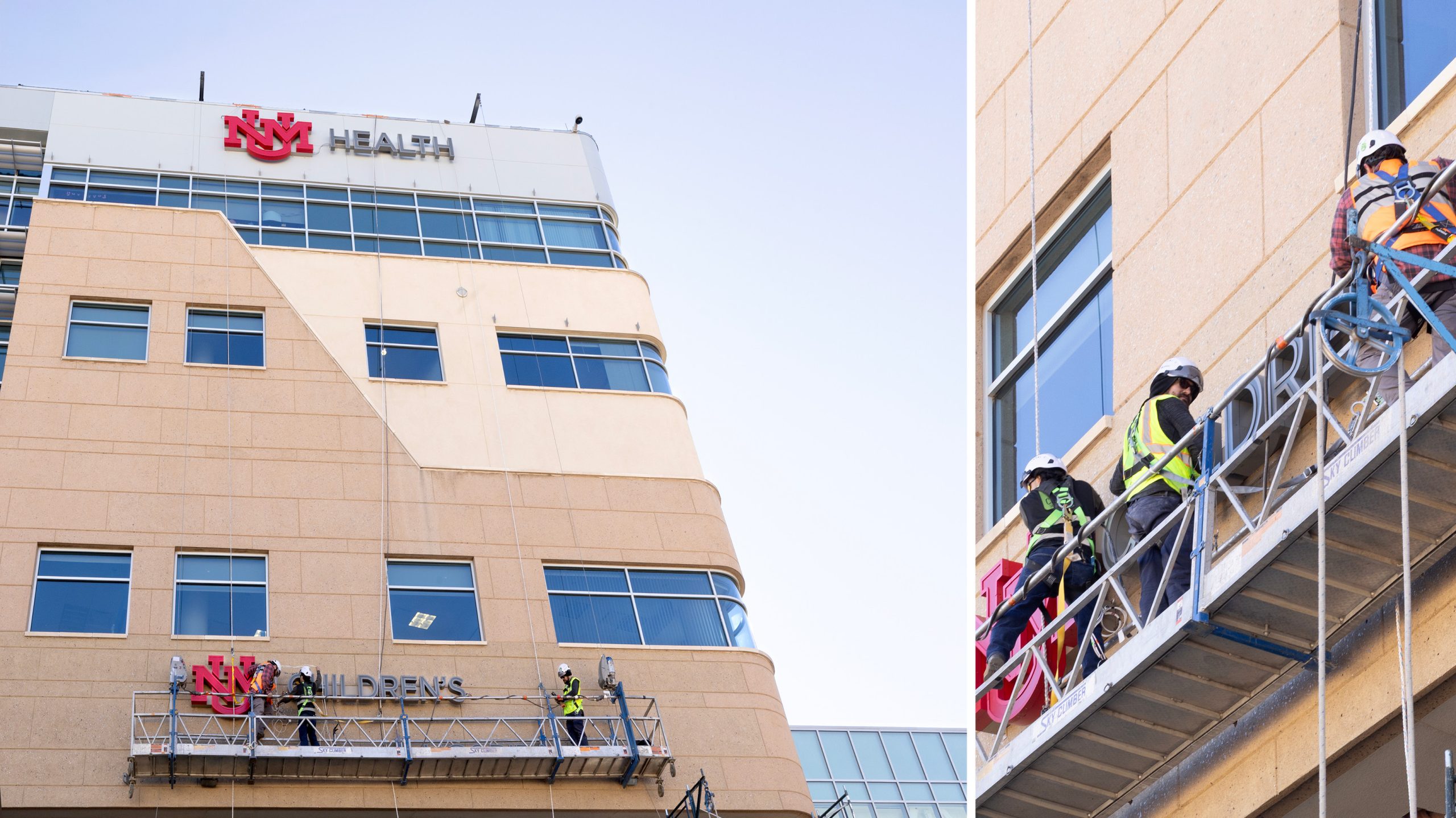 Exterior building identification sign installation for UNM Children's Hospital Pavilion with illuminated channel letters.
