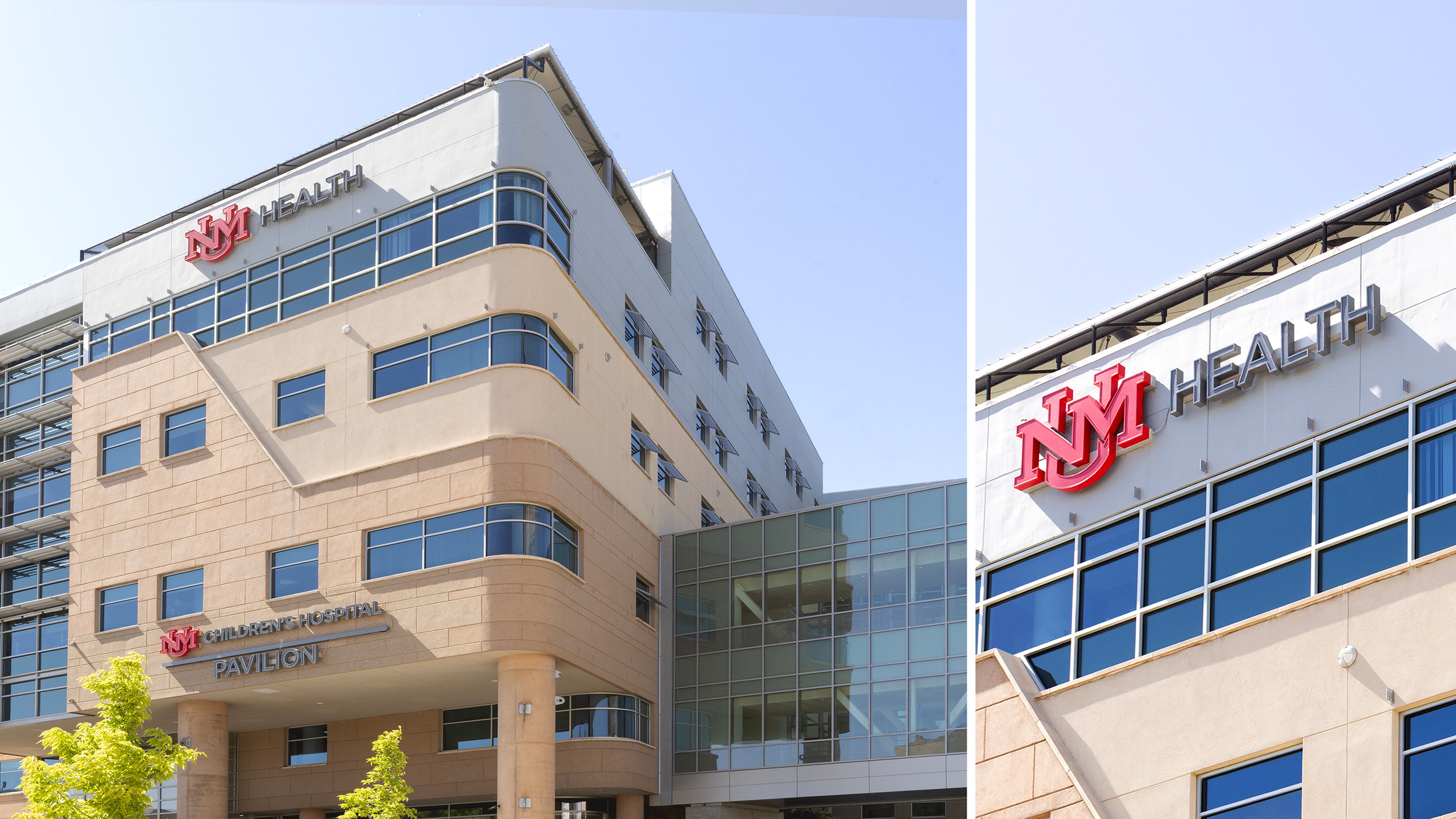 Completed face illuminated channel letters on the exterior of UNM Children's Hospital Pavilion.