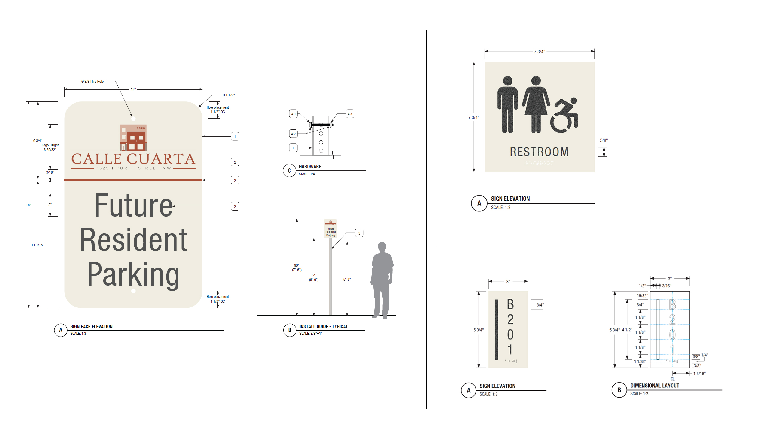 Technical sign drawings showing parking, restroom, and apartment identification signage for Calle Cuarta Apartments.